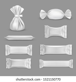 Set Of Isolated Blank Wrap For Candy. Design For Chocolate Package. Empty Wrapper For Sweets. Plastic Pouch Or Snack, Sugar, Salt, Sachet Bag. Paper Or Cellophane Realistic Container Mockup. Packaging