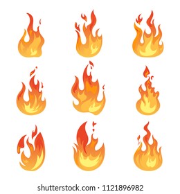 Set of isolated blazing wildfire or realistic flame icons. Hot campfire or burning bonfire, glowing spark or light ignition, game fireball. Danger and energy, warning and power, flaming theme