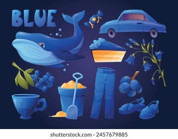 A set of isolated blue elements for children to study colors. Children's book or textbook for preschoolers. Collection of vector cartoon elements.