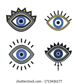 Set Of Isolated Blue Evil Eye Icon, Mystic Traditional Talisman Vectors, All Seeing Eye Occult Symbol Illustration Logo.