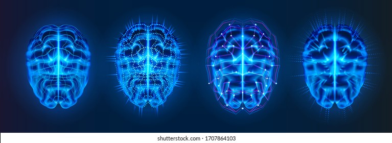 Set von isolierten blauen leuchtenden Gehirnen mit neuronalen Verbindungslinien. AI oder künstliche Intelligenz, maschinelles Lernen oder Logo für Cyber-Gedanken. Bionisches menschliches Gehirn oder CyberGeist, Cyberhirn.Künftige Neuro-Technologie