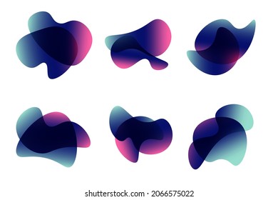 Conjunto de manchas aisladas de azul, de aceite de vástago de grifo, de manchas de líquido verde gradiente y violeta. Resumen de escudos de pincel 3d para diseño de afiches o fondo de volante, plantilla de pancarta. Formas geométricas con colores dinámicos

