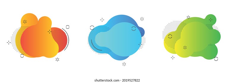 Set of isolated blue and red fluid blobs, gradient green and violet liquid spots. 