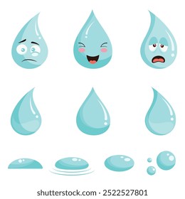 Conjunto de gota de agua azul aislada o conjunto de iconos de emoticonos de gota de lluvia. 