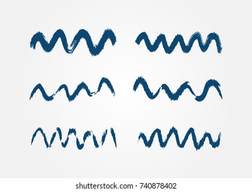 Set of isolated blue waves painted with brush strokes. Grunge, sketch, watercolor. Vector illustration.