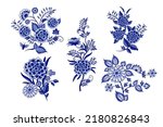 
Set of isolated blue and  white Chinese style bouquets(various flowers, leaves, twigs, curls, butterfly). Vector clipart. Isolated design objects.