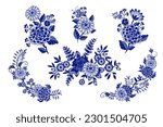 
Set of isolated blue and  white Chinese style bouquets(various flowers, leaves, twigs, curls, berries). Vector clipart. Isolated design objects.