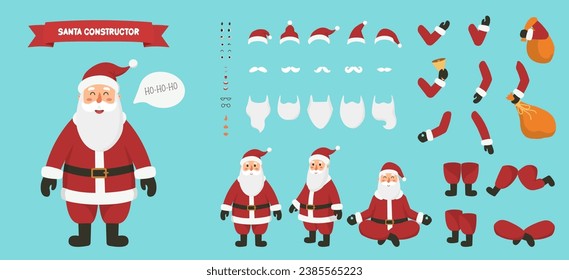 Establece elementos de cuerpo aislados para crear personajes de Santa Claus en estilo de dibujos animados de vector plano. Constructor para tarjeta de diseño, afiche, pancarta. Distintas emociones, barbas, sombreros, manos y piernas.