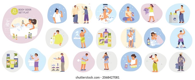 Set with isolated body odor round compositions with flat human characters taking bath with deodorant icons vector illustration