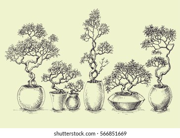 A set of isolated bonsai trees. Each one grouped separately for easy editing