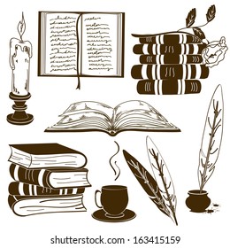 Set of isolated book icons and vintage writing attributes