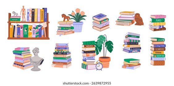 Set of isolated bookcase, bookshelves, stacks and piles of various books. Home library collection with educational literature, novels, encyclopedias. World Book Day and Back to School concept.