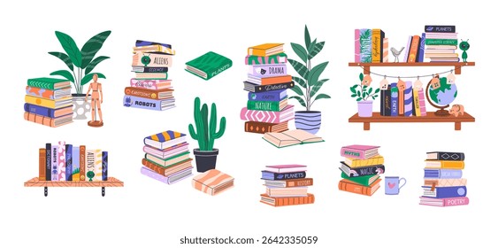 Set of isolated bookcase, bookshelves, stacks and piles of books and decor. Home library collection with educational literature, novels, encyclopedias. World Book Day and Back to School concept.