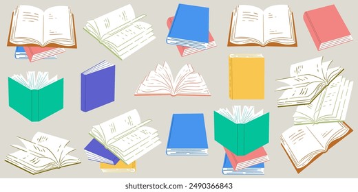 Conjunto de libros aislados. Colección de varios libros en estilo de ilustración plana. Concepto educativo dibujado a mano. Ilustración vectorial de un libro desde diferentes ángulos, abierto y cerrado.