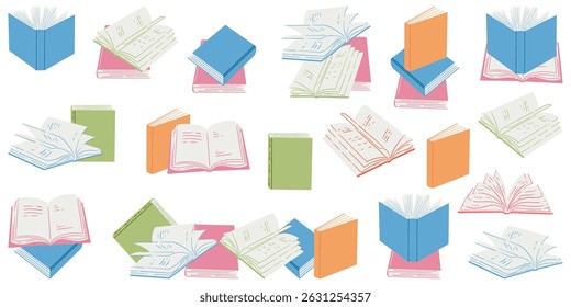 Set of isolated books. Collection of various books in flat illustration style with white background. Hand drawn educational concept.