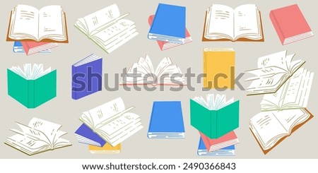 Set of isolated books. Collection of various books in flat illustration style. Hand drawn educational concept. Vector illustration of a book from different angles, open and closed.