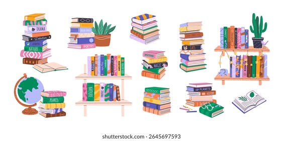 Conjunto de estantes de livros isoladas, pilhas e pilhas de livros, plantas. Coleção de bibliotecas caseiras com literatura educativa, romances, enciclopédias. Dia Mundial do Livro, conceito de volta à escola. Ilustrações vetoriais