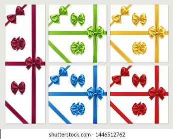 Set of isolated bow knots and favour ribbon for gift decoration, satin bow-knots for present box or package adornment. For new year, christmas, anniversary event, valentine day, wedding gift packaging
