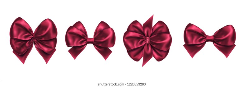 Set of isolated bow knots for gift decoration, satin bow-knots for present box or package adornment. Favor for new year or christmas, anniversary event and valentine day, wedding gift packaging