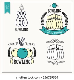 Set of isolated bowling emblems, labels, badges and designed elements. Bowling labels and icons set. Vector Vintage Bowling. Elements bowling isolated.