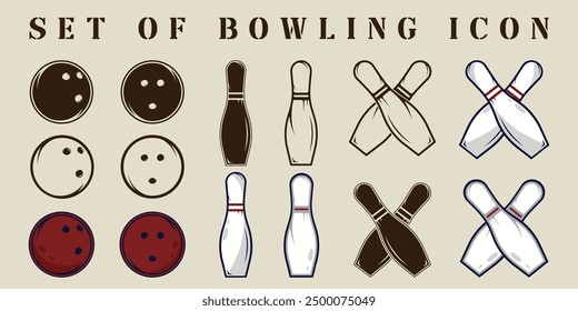 Satz von einzelnen Bowling-Symbol-Vektorgrafik-Vorlage Grafikdesign . Bündelkollektion verschiedener Sportschilder für Turnierklub-Liga-Wettkampfkonzept mit Vintage- und Farbstil