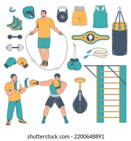 Set with isolated boxing training cartoon images with human characters of athletes and sport equipment icons vector illustration