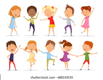 Set of isolated boys and girls at dance, pair of young people dancing. Little or small male and female pupil doing music activity in different postures. Kindergarten entertainment and motion theme