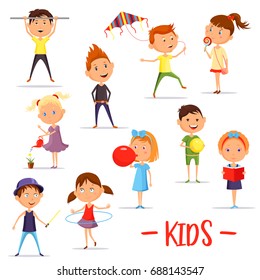 Set of isolated boys and girls playing using hula hoop and kite, balloon and bool, schoolboy using sport horizontal bar and schoolgirl reading book. School people, children and kids theme