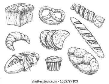 Set of isolated bread food sketches. Yeast and white flour nutrition. Croissant and baguette, cake and challot, challah and pretzel, anadama or brick, butterbrot loaf. Bakery and bakehouse, shop,store