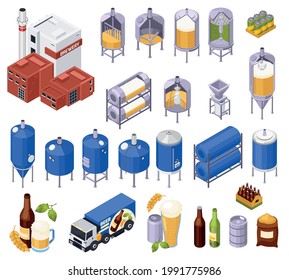 Set of isolated brewery beer production isometric icons and isolated images of facilities with ready products vector illustration