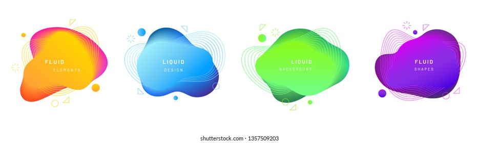 Set of isolated bright yellow, gradient blue, green and violet fluid blobs. Abstract geometric liquid stain or brush stain with dynamic color. Free shapes for flyer template. Modern graphic background