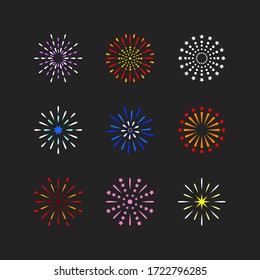 Set of isolated brightly celebration firework balls on dark background flat vector illustration