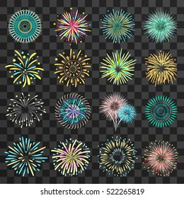 Set of isolated brightly celebration firework balls on dark transparent background flat vector illustration 