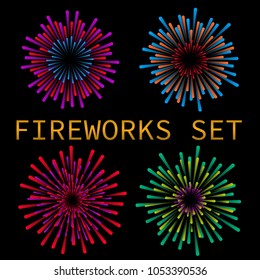 Set of isolated brightly celebration firework.Holiday and party firework icons collection.Colorful fireworks set isolated on white background, vector illustration.
