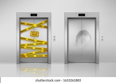 Set Of Isolated Broken Elevators With Closed Doors. Lift Maintenance With Duct Tape And Dent On Door. Realistic Steel Indoor Transport Out Of Order. Office Or Building, Hotel Hall And Gate, Doorway