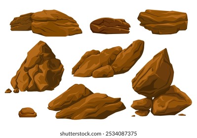 Satz von einzelnen braunen Steinblöcken auf weißem Hintergrund. Vektorgrafik.
