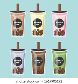 Set Isolated Bubble Tea. Glass of drink with straw. Vector. Drinks milk tea, cocoa ,green tea,banana milk,taro milk, strawberry milk.