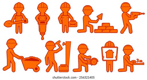 set isolated builders with helmet and tools on flat design style