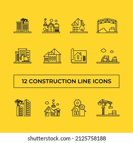 Set of isolated building vector icons on yellow background. Linear emblems of house, crane, construction machinery, skyscrapers. House design and construction.