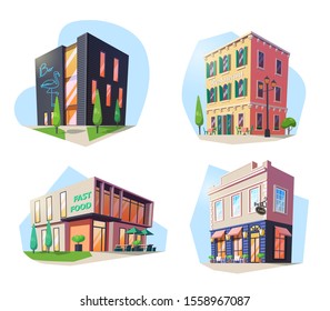 Set of isolated buildings for nutrition. Fast food and bar, restaurant and cafe, bistro and cafeteria, pub and buffet. Alcohol drink and food shop or store. City structure facade outdoor. Architecture