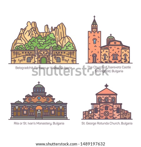 Set of isolated Bulgaria architecture monuments. Church of St George Rotunda and Tsarevets castle stronghold, Rila or Ivan monastery, Belogradchik fortress or Kaleto