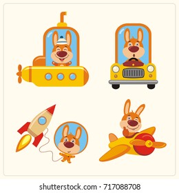 Set of isolated Bunny Rabbit in various transport: airplane, submarine, car, space rocket in cartoon style.