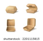 Set with isolated burger box mockup images with brown cardboard packages open and closed with shadows vector illustration