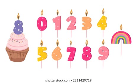 Set of isolated burning candles in the shape of a number for celebration. A cupcake with a candle in the shape of a number. A candle in the shape of a rainbow. Vector graphics.