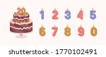Set of isolated burning number shaped candles for celebration. Birthday chocolate cake for anniversary and candles for each year flat vector illustration on light background