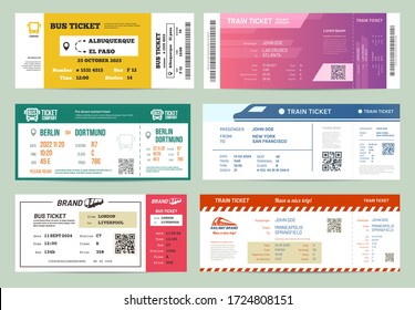 Set of isolated bus and train, railway tickets