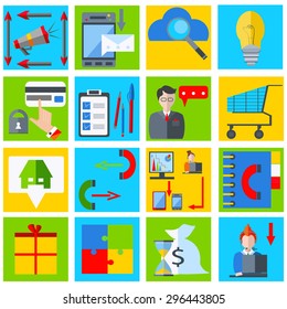 Set of isolated business icons in a flat style. Modern design elements and sales of office equipment on a colorful background. The concept of mobile and web applications design. Vector illustration