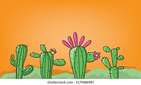 Set of isolated cactus on gradient orange with space. suitable for text decoration. plant wallpaper design concept. text frame illustration vector.