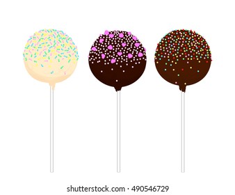 Set of isolated Cake Pops on a stick in different colors with various ornaments. Cupcakes round shape on a stick. Isolated. Hand drawn vector illustration.