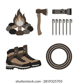 Set of isolated camping gear including campfire, axe, flashlight, tent pegs, hiking boots, and rope for outdoor adventure and survival.